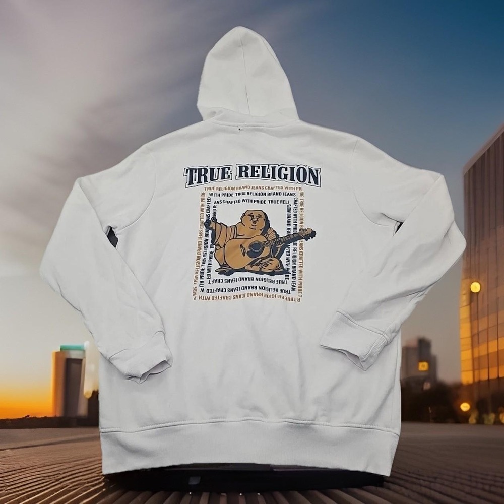 True Religion Hoodie Mens Large White Full Zip Sweatshirt Buddha Logo Streetwear - Picture 4 of 10